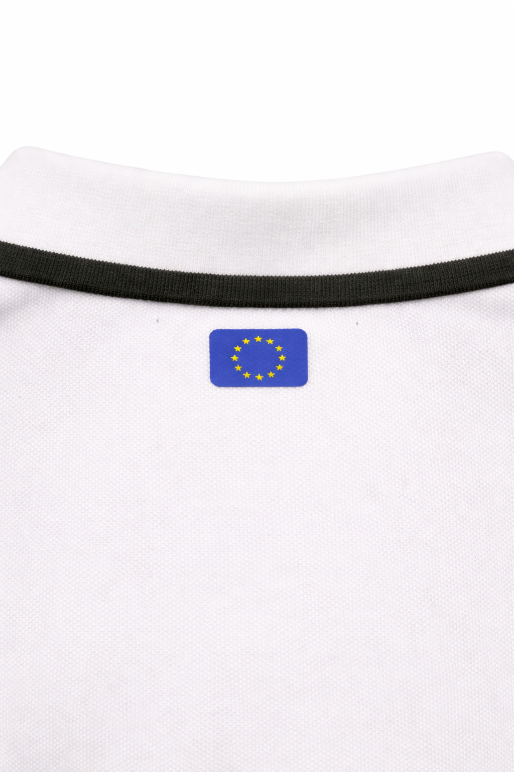 White Polo back neck featuring the European Union flag on a white background