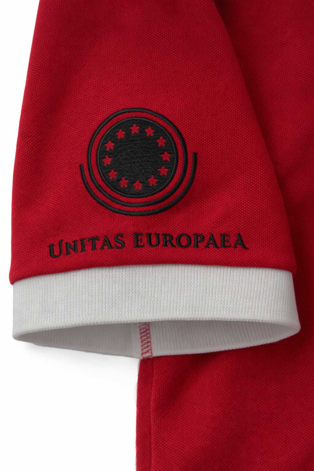 Red garment with 'UNITAS EUROPAEA' logo and text on a white background