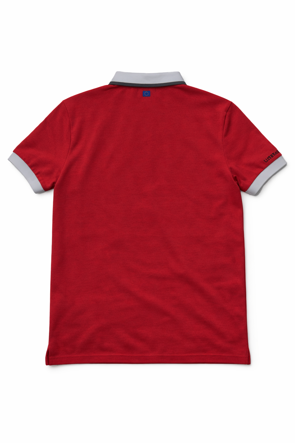 Red polo shirt with gray trim on a white background