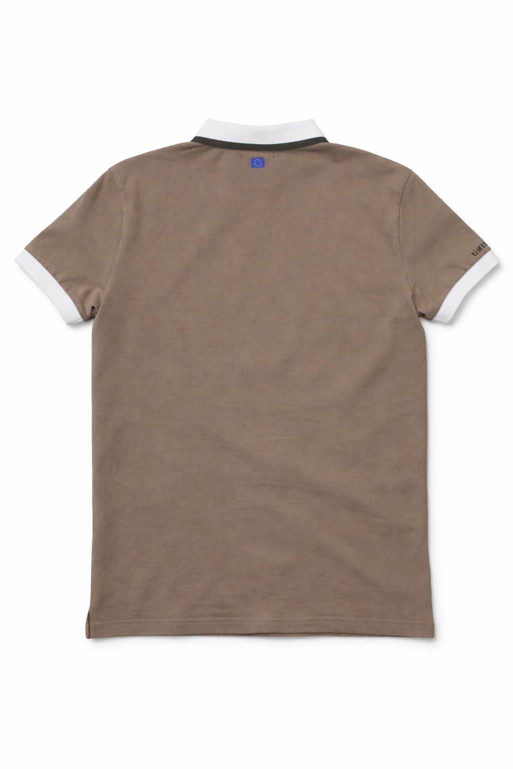 Brown polo shirt with white trim on a white background