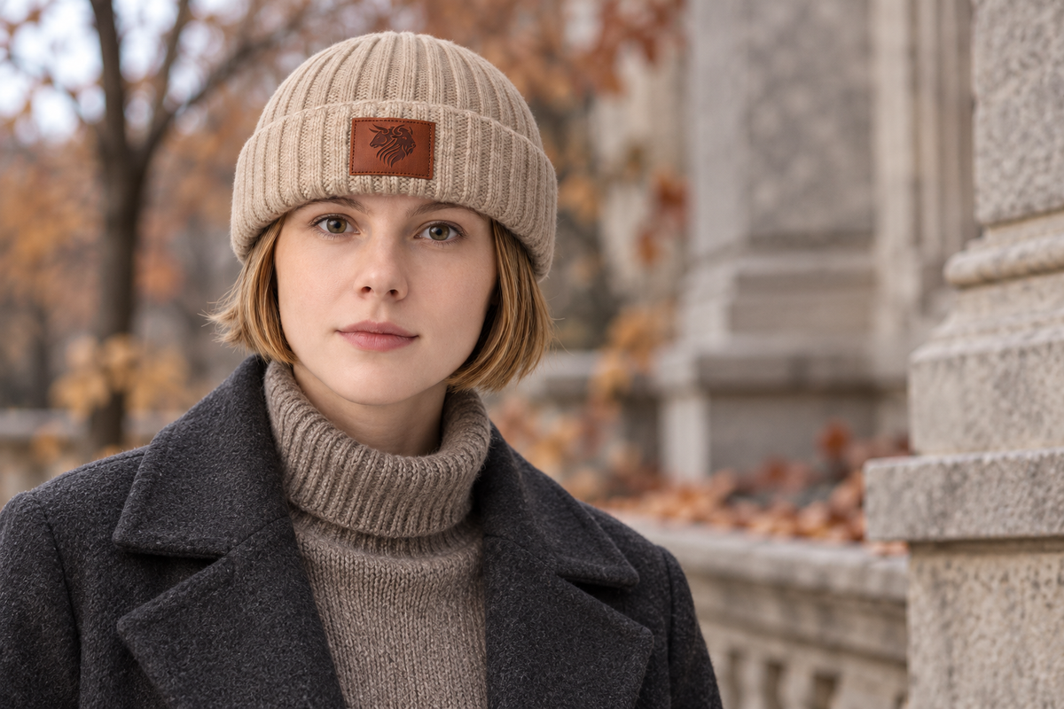 Limestone Harbor beanie worn with warm knitwear and a charcoal coat