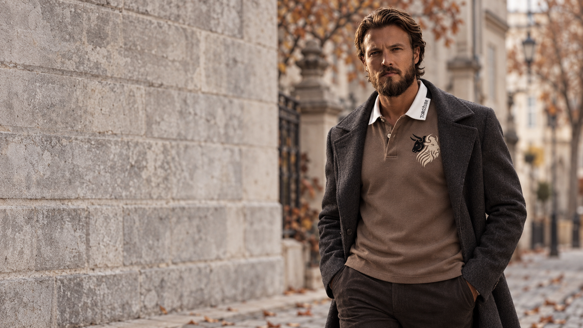 Union Polo in Umber styled under a charcoal coat on an autumn street