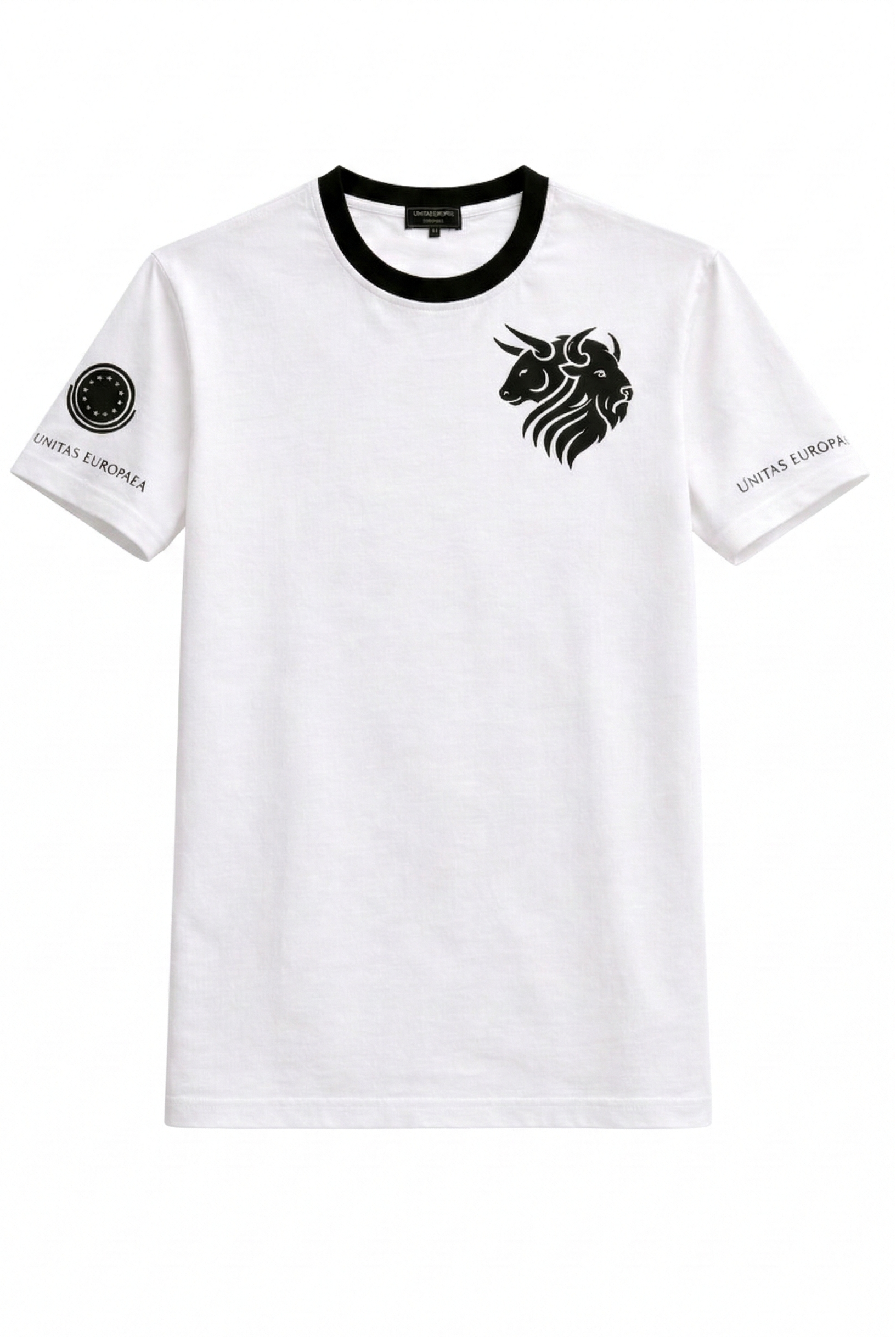 White t-shirt with black logo and text on a white background #color_alba