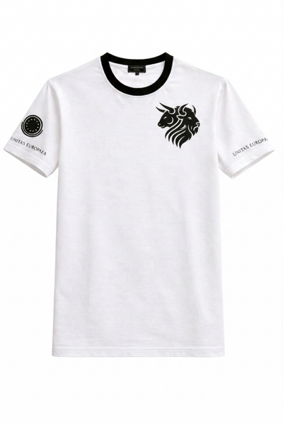 White t-shirt with black logo and text on a white background 