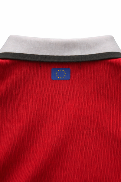 Red polo neck back view featuring a small eu flag logo on a white background 