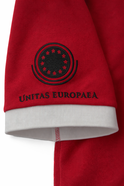 Red garment with 'UNITAS EUROPAEA' logo and text on a white background 