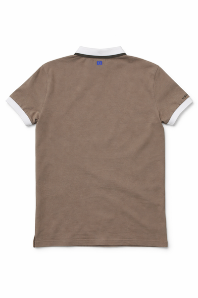 Brown polo shirt with white trim on a white background 
