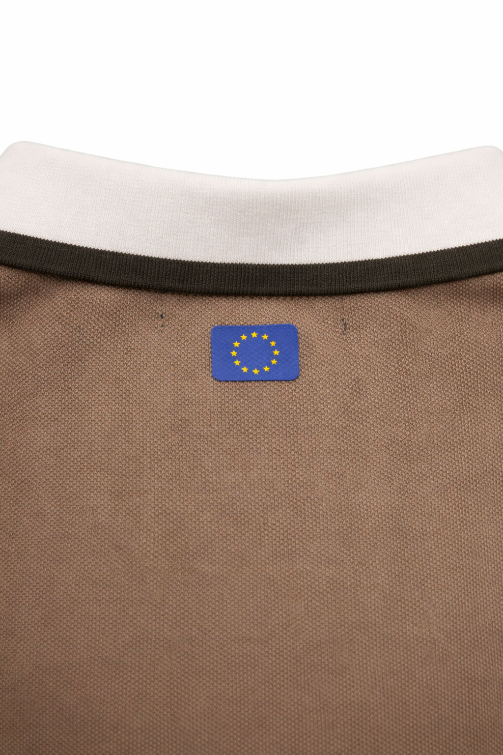 Brown plo neck back view featuring a eu flag design on a white background 