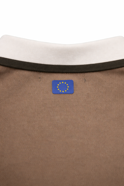 Brown plo neck back view featuring a eu flag design on a white background 