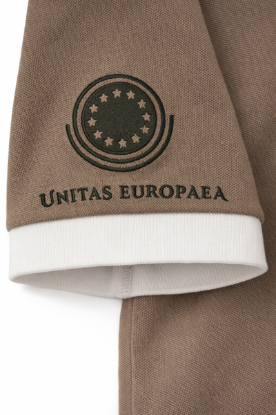 Brown fPolo sleeve with embroidered logo and 'Unitas Europaea' text on a white background 