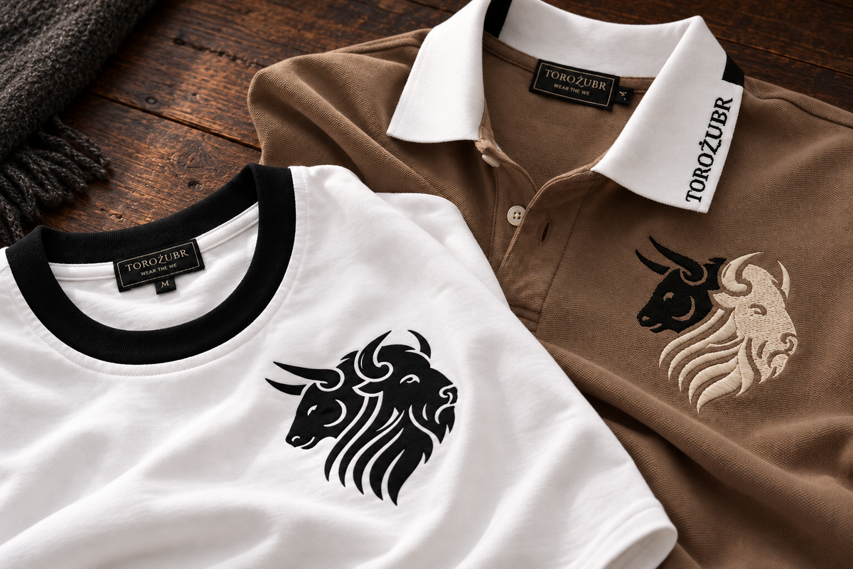 Union Polo and Civitas Tee collar and crest details on dark oak